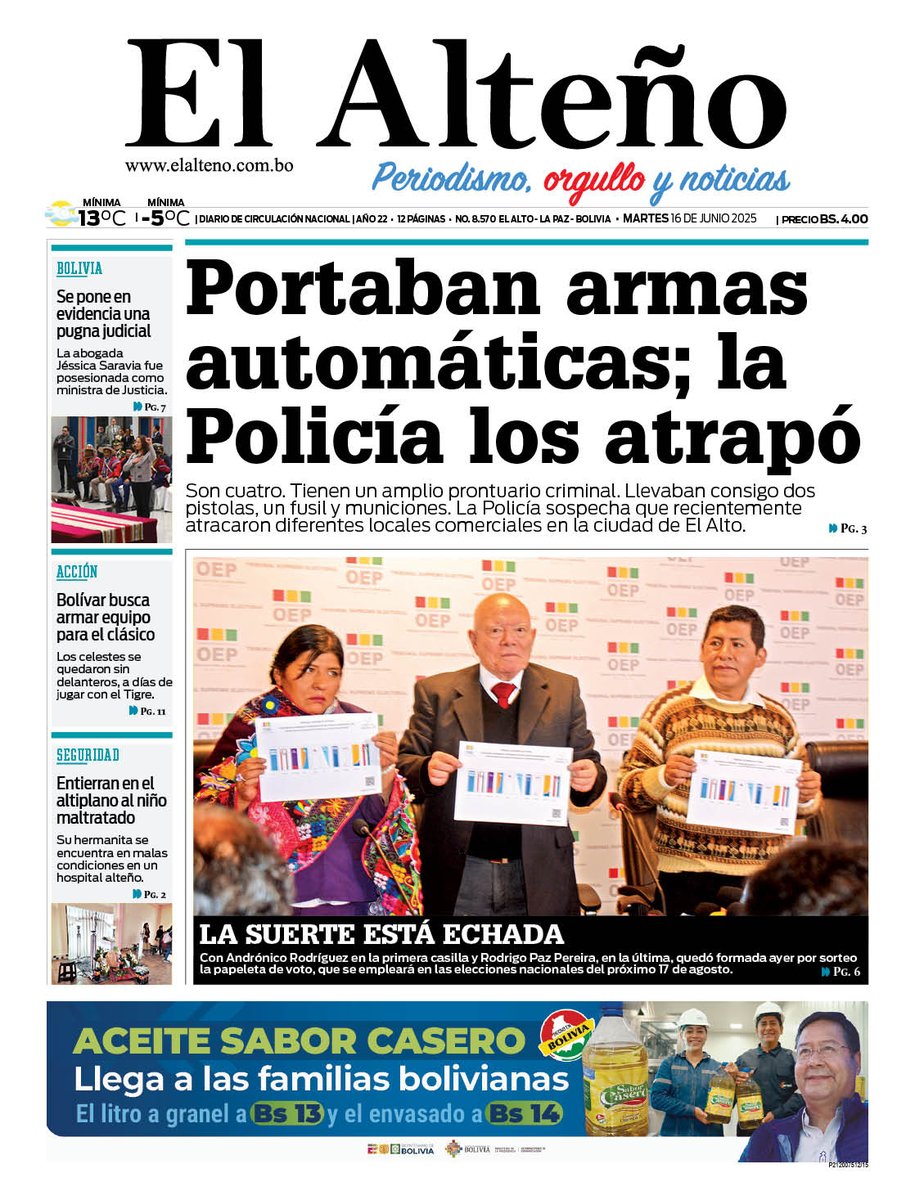 🟡 𝗕𝘂𝗲𝗻𝗼𝘀 𝗱𝗶́𝗮𝘀 𝗲𝘀𝘁𝗶𝗺𝗮𝗱𝗼 𝗹𝗲𝗰𝘁𝗼𝗿, 𝗹𝗲 𝗽𝗿𝗲𝘀𝗲𝗻𝘁𝗮𝗺𝗼𝘀 𝗹𝗮 𝗽𝗼𝗿𝘁𝗮𝗱𝗮 𝗱𝗲 𝗹𝗮 𝗲𝗱𝗶𝗰𝗶𝗼́𝗻 𝗶𝗺𝗽𝗿𝗲𝘀𝗮 𝗱𝗲 𝗵𝗼𝘆, 𝗺𝗮𝗿𝘁𝗲𝘀 𝟭𝟳 𝗱𝗲 𝗷𝘂𝗻𝗶𝗼 𝗱𝗲 𝟮𝟬𝟮𝟱.
elalteno.com.bo