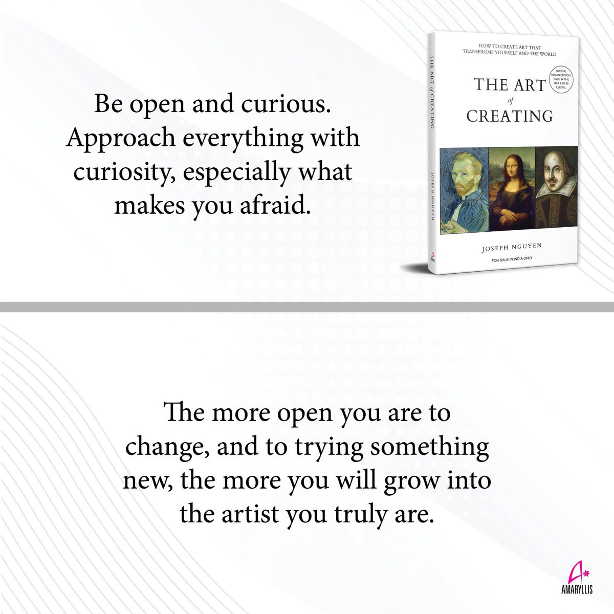 AmaryllisManjul's tweet image. The magic happens when you get curious about what scares you.

Open your mind. Embrace change. Become the artist you were meant to be.

🎨 &apos;The Art of Creating&apos; — Coming Soon!

#JosephNguyen #TheArtOfCreating #CuriousMindset