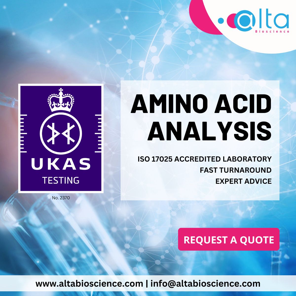 Need precise protein quantification? Our ISO 17025-accredited #AminoAcidAnalysis offers absolute accuracy, even for complex or modified proteins. 
✅ Any sample type 
✅ No Trp/Tyr needed 
✅ Ideal for QC &amp; regulatory requirements.
 Learn more: altabioscience.com/what-we-do/ami…