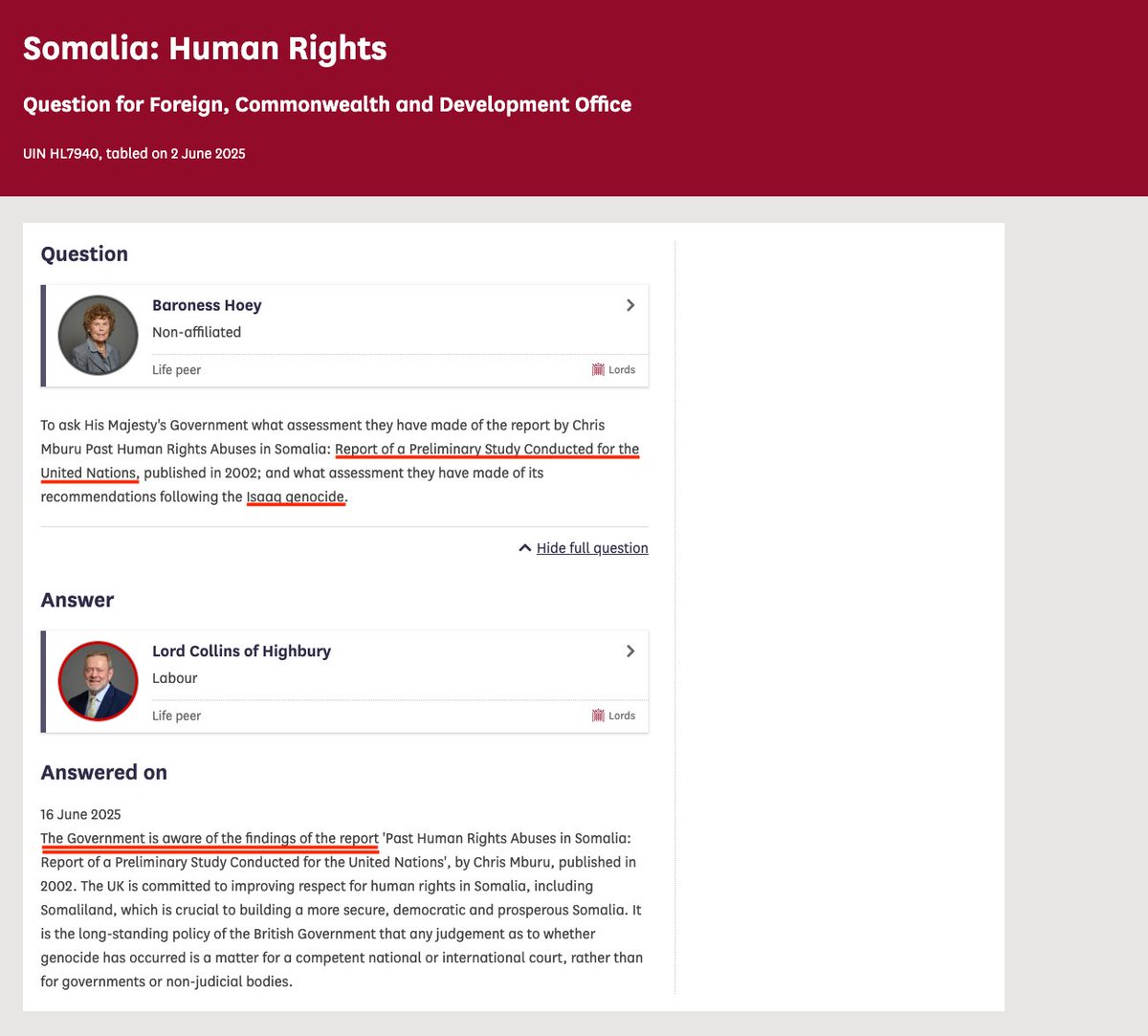 🚨 UK government officially admits awareness of the 2002 UN report on the Isaaq Genocide!

This is the 1st time the Isaaq Genocide has been discussed in UK Parliament.

Surreal. Huge thanks to <a href="/CatharineHoey/">Kate Hoey</a> for raising the excellent question and continued support 👏👏