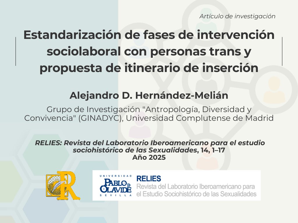 adhmelian's tweet photo. Nuevo estudio publicado 📚 sobre la estandarización de fases de intervención sociolaboral con personas trans.
En 📙 ‘#RELIES: Revista del Laboratorio Iberoamericano para el estudio sociohistórico de las Sexualidades’
➡️🔗 Completo aquí: https://t.co/F4cdXqxdYV https://t.co/hIimo7pTAL
