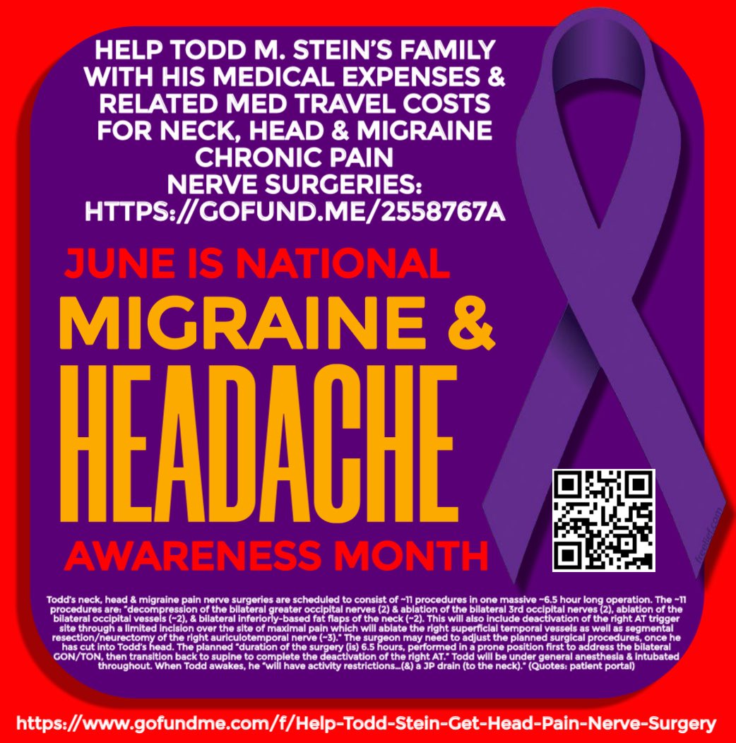 Todd_M_Stein's tweet photo. 8 days til my #lifechanging, #painrelieving #neckpain & #headache #nervesurgeries, #migrainesurgery & #righttemple #nervesurgery 6.5 hour #operation on 6/25 at @osuwexmed. #Help my family with #medicalcosts & #travelexpenses. Read more & #donate at:
https://t.co/Hil1wQpxjQ. Thx! https://t.co/8IW8jbpo7B