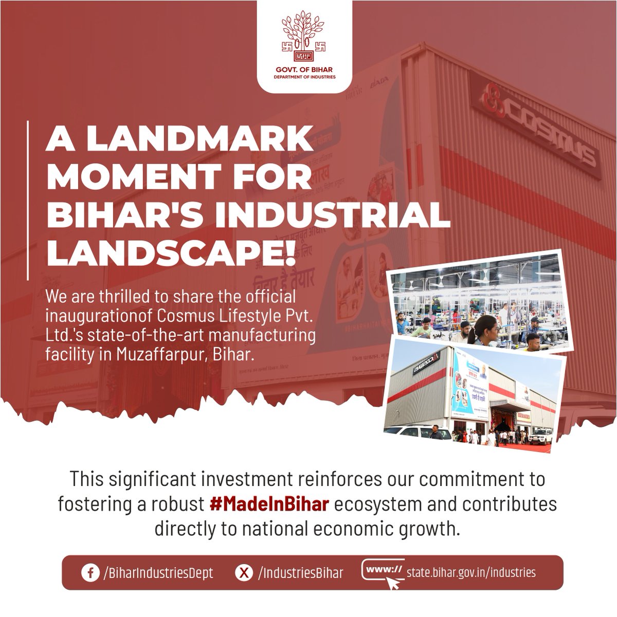 IndustriesBihar's tweet image. A Landmark Step in Bihar’s Industrial Journey!

The official inauguration of Cosmus Lifestyle Pvt. Ltd.’s state-of-the-art manufacturing facility in Muzaffarpur marks a major milestone in Bihar’s industrial growth.

This strategic investment strengthens the #MadeInBihar
