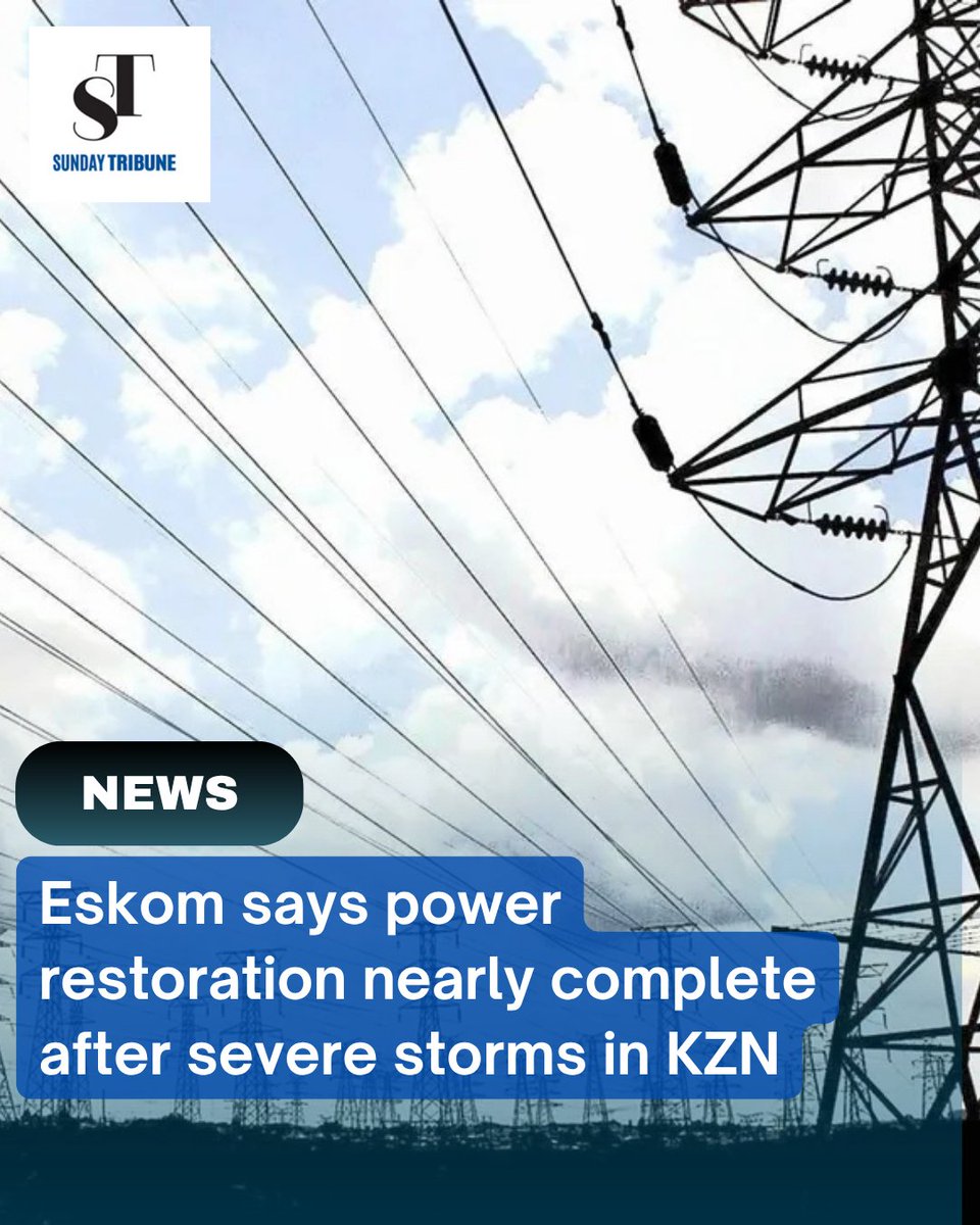 Eskom is close to restoring power to over 190,000 customers in KZN after severe storms! Only five networks remain affected, with full restoration expected soon. 

Read more: iol.co.za/mercury/2025-0…

#Eskom #KZN #PowerRestoration #SevereWeather #MamelodiSundowns
