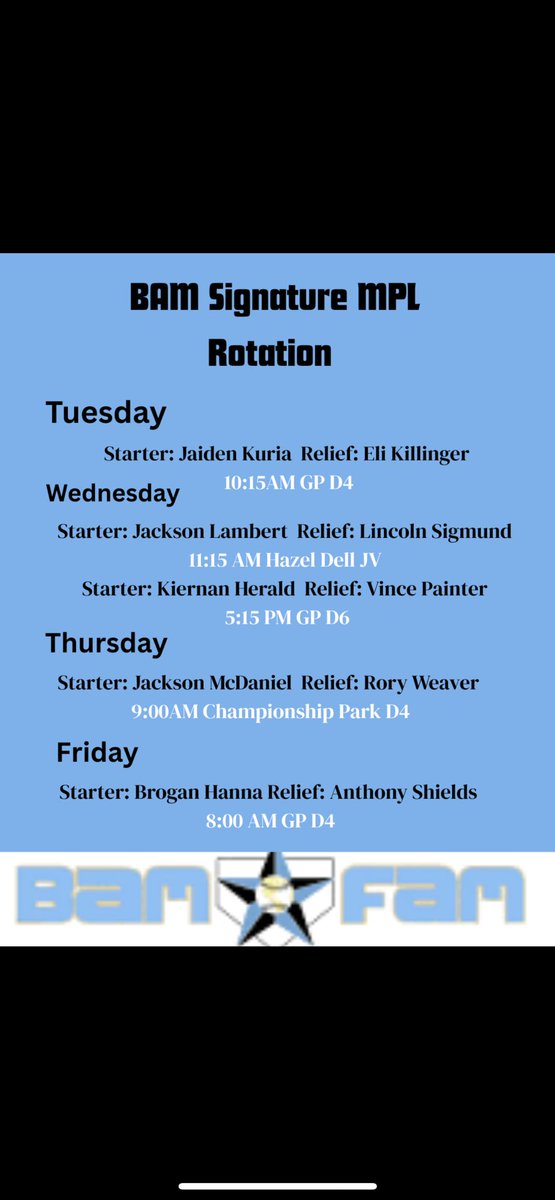 Canes Indiana 16u Speicher (@canesin2026) on Twitter photo Starting rotation for this week at MPL! <a href="/IN_BAMFAM/">Baseball/Fastpitch Academics Midwest</a> <a href="/PrepBaseballIN/">Prep Baseball Indiana</a> <a href="/PrepBaseINScout/">Prep Baseball Indiana Scouting Coverage</a> Starting rotation for this week at MPL! <a href="/IN_BAMFAM/">Baseball/Fastpitch Academics Midwest</a> <a href="/PrepBaseballIN/">Prep Baseball Indiana</a> <a href="/PrepBaseINScout/">Prep Baseball Indiana Scouting Coverage</a>
