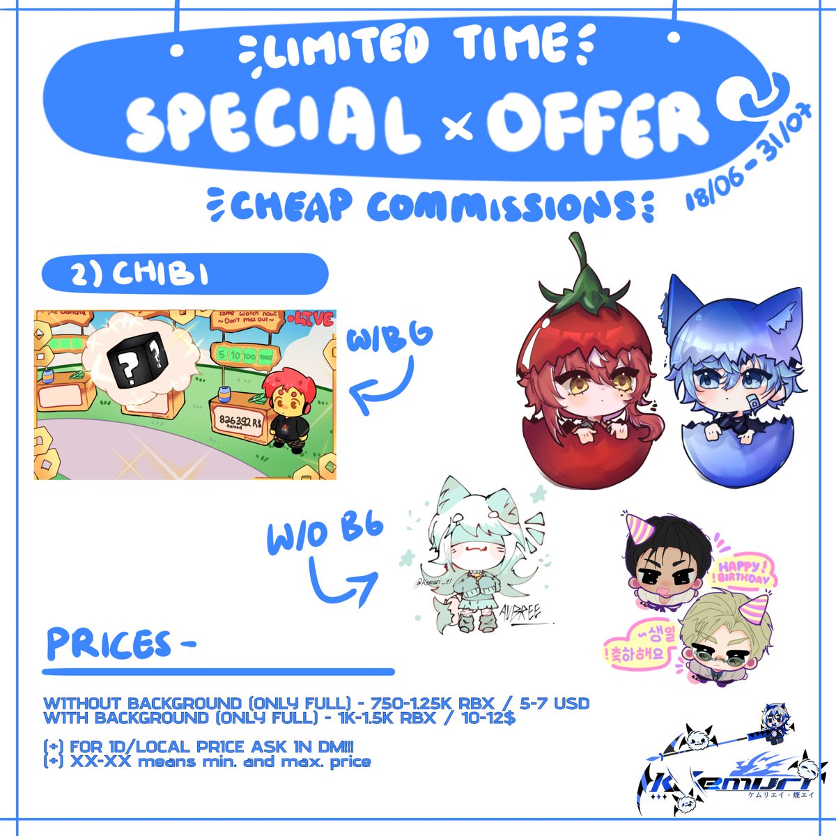 Kemuri_ei's tweet photo. LIMITED TIME OFFER!!! ONLY FOR 18/06 - 31/07
#ArtCommission #artcommissions #DigitalArtist #digitalartwork #illustration #chibiart #art #cheap #special https://t.co/qMBKacn4W4