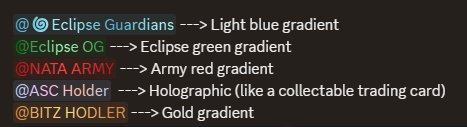 Added new discord server tags for "ES" and "ASC" 

To choose a server tag you have to go to:
User Settings -> edit profile -> server tag 

We also have new role color gradients in the Eclipse discord 👇