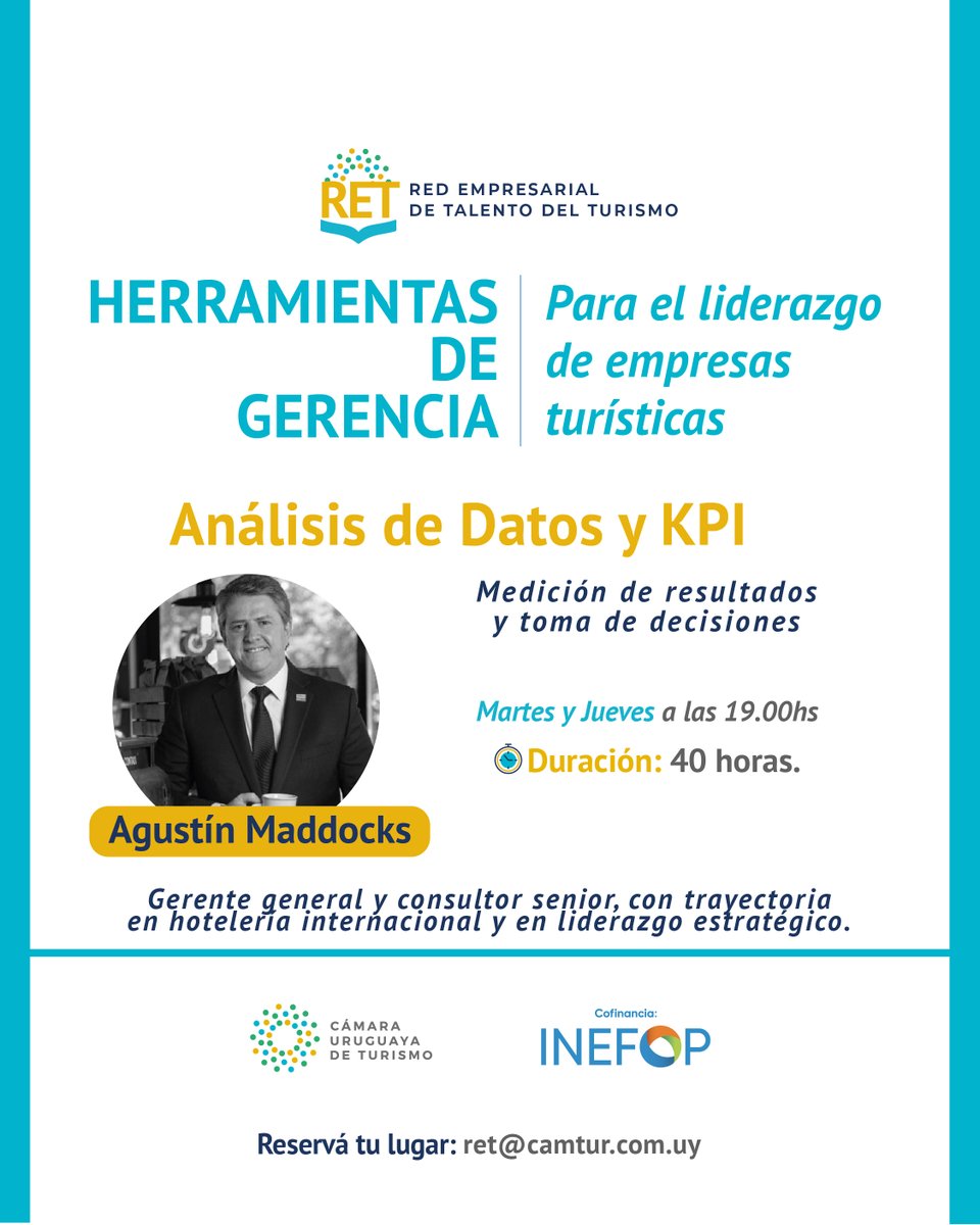 CAMTUR Uruguay (@camtururuguay) on Twitter photo 📊 ¿Tomás decisiones en base a datos?
En el módulo de Análisis de Datos y KPI del curso #RET aprendés a interpretar resultados y optimizar tu gestión.
🧑🏫 Dictado por Agustín Maddocks, Gerente Gral. de Hilton Bogotá.
📩 Info: ret@camtur.com.uy
#TurismoUY #GestiónTurística 📊 ¿Tomás decisiones en base a datos?
En el módulo de Análisis de Datos y KPI del curso #RET aprendés a interpretar resultados y optimizar tu gestión.
🧑🏫 Dictado por Agustín Maddocks, Gerente Gral. de Hilton Bogotá.
📩 Info: ret@camtur.com.uy
#TurismoUY #GestiónTurística