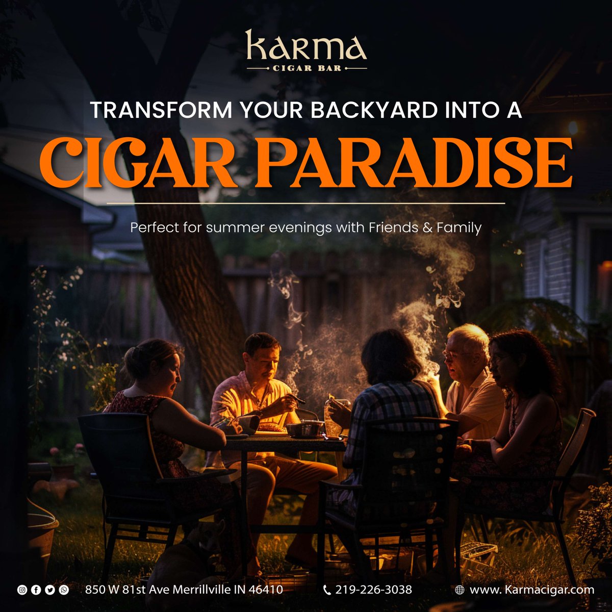 Karmacigars's tweet image. "Transform your backyard into a cigar paradise with Karma Cigar Bar. Perfect for summer evenings with friends and family. ☀️🍂 #BackyardEvent #CigarParty"