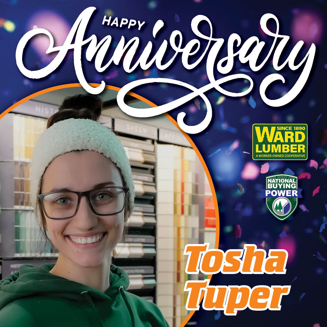 wardlumber's tweet image. 🎉 Happy Work Anniversary, TOSHA TUPER!
 Congratulations on 1 year with Ward Lumber! We appreciate your contributions and commitment.
 #DedicatedTeam #WardLumber #WardLumberStrong #WorkerOwned #Coop #ShopLocal #ADK #NorthCountry