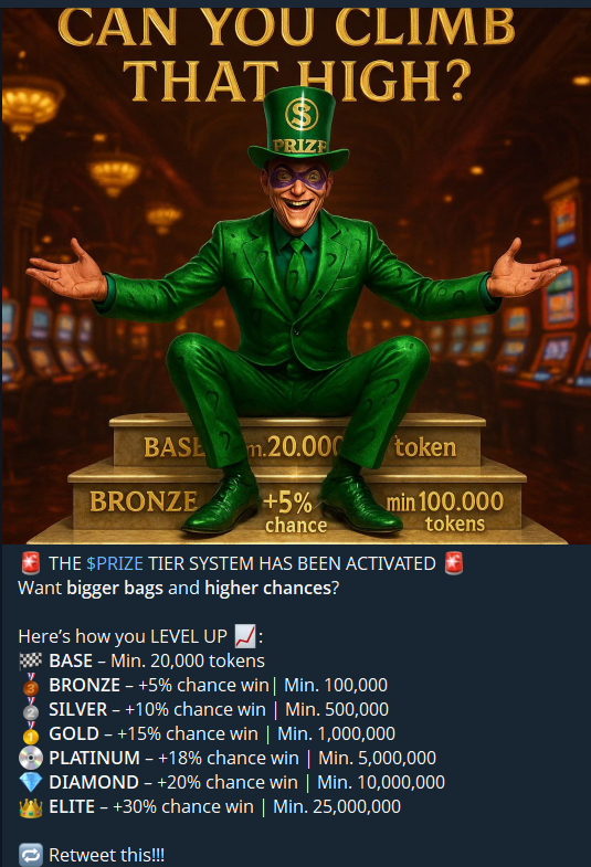 PrizeOnSol's tweet photo. Check out the tiers structure for the jackpots 

The ticker is $PRIZE the OG lotto coin before $BALL

DBW4topT6adDEvSkHAyTKurDbj9GNoPqch8XW7hBK1b4

#GamblingCommunity #Gambling #gamefieconomy https://t.co/EEJcxOBvYX
