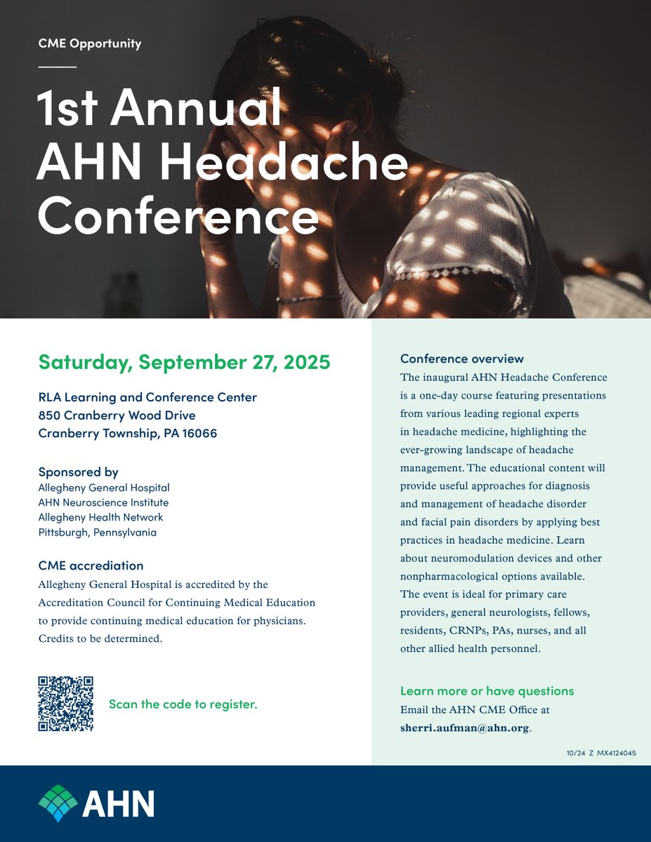 Join us for the 1st Annual AHN Headache Conference on Saturday, September 27. The conference will be held at the RLA Learning and Conference Center in Cranberry Township, PA. Scan the QR code here to register for the conference. Don't miss this great opportunity!