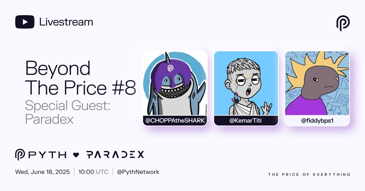 PythNetwork's tweet photo. Beyond The Price: Episode 8 🛋️

Special guest @fiddybps1 from @paradex will join us to yap about trading, building a SuperDEX and SuperChain, and leak tons of alpha. You don’t want to miss this!

Tomorrow (10 AM UTC) live on X and YouTube ▶️ https://t.co/wdJ42jT7RC