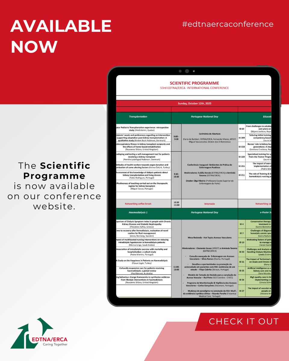 📢 ANNOUNCEMENT 📢

The Scientific Programme for the 53rd EDTNA/ERCA International Conference is now live!🥳
Explore the full schedule here: edtnaerca.org/conferences/co….

Please note: the programme might be subject to change at a later date. You will be informed about this.