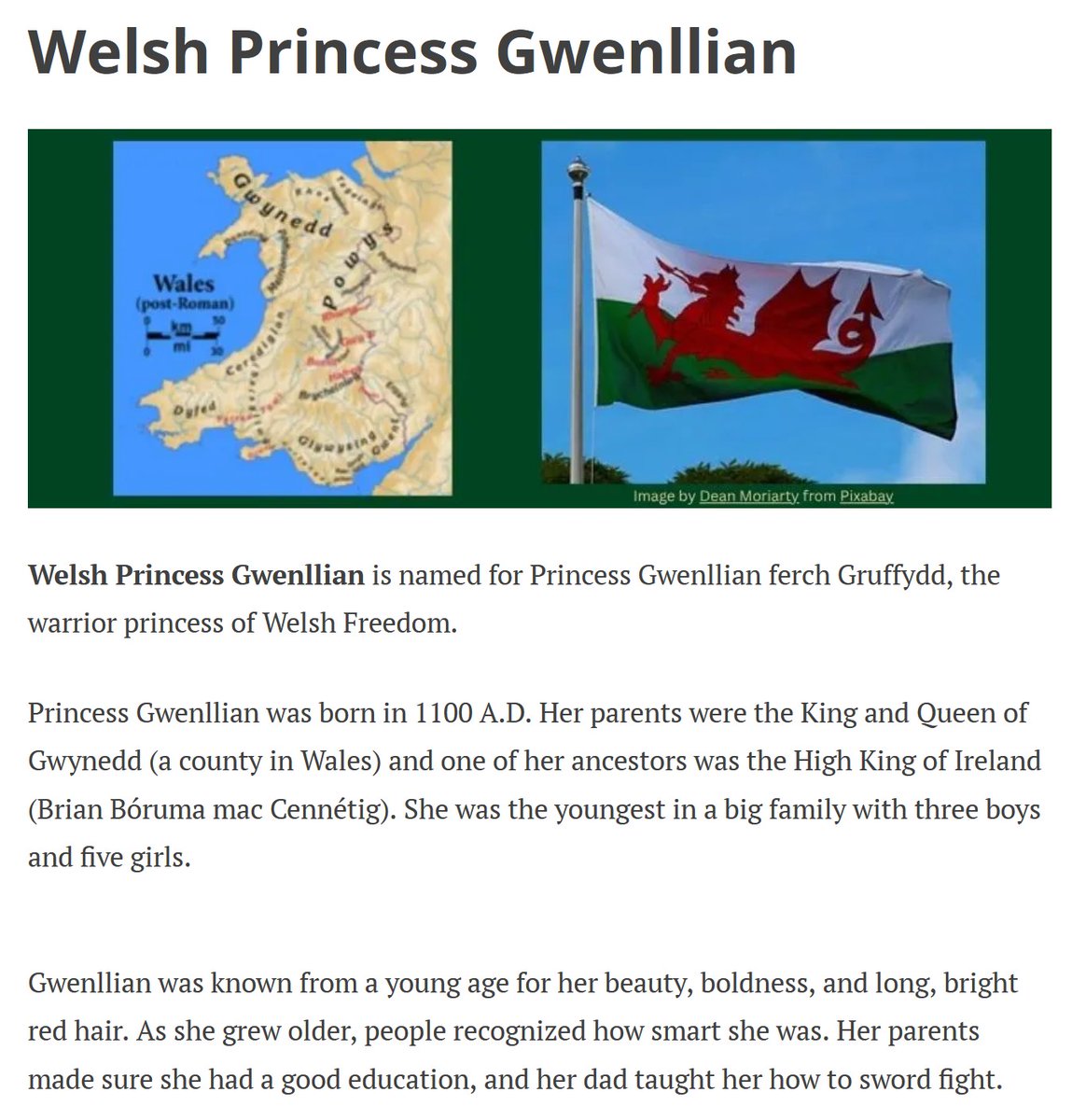 AuthorFulton's tweet photo. Gwenllian ferch Gruffydd was a warrior princess for Welsh Freedom. She is remembered as a beautiful, wise, loyal, and brave warrior and leader. Today, outside the walls of Kidwelly Castles, stands a monument to this amazing woman.

#realprincess #biography #BiographyForKids #history #historyforkids #WelshHistory #picturebooks

https://t.co/SomEvBvFJ0