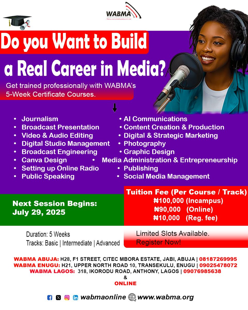 📷Do you want to Thrive in Today’s Media Industry?
Whether you're a creator, communicator, or changemaker, the right media skills can open doors.
At WABMA, we don’t just teach — we train you to do.

See attached for Details for list of courses..
Learn From Top Industry Experts