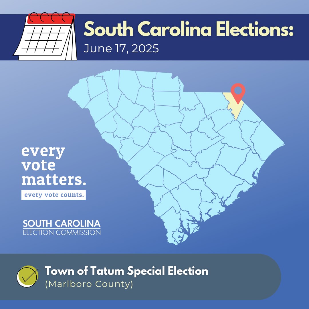 Good morning voters! Today is #ElectionDay in Marlboro County⬇️

🗳️ Town of Tatum Special Election

Polls are open until 7 p.m.

#scVOTES