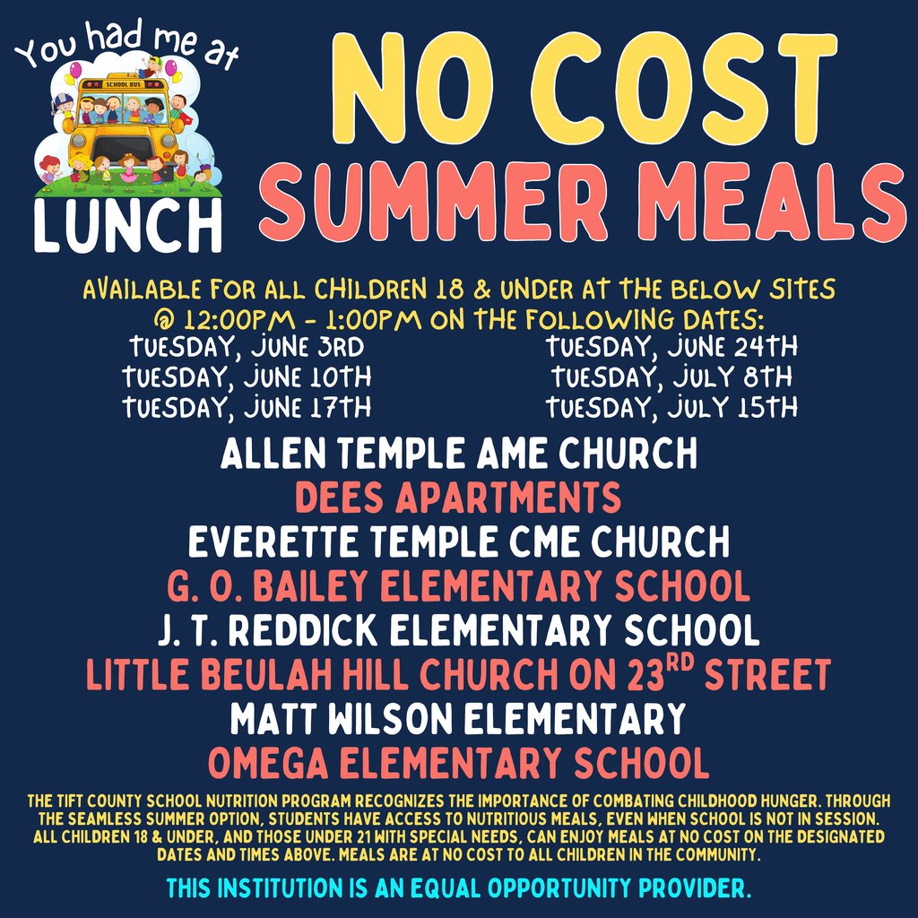☀️Today is Summer Feeding Tuesday!☀️
Tift County is serving up 7 days of FREE breakfast &amp; lunch in every meal bag!

📍 Stop by one of our drive-up/walk-up sites
🚌 Or catch us along our bus route stops

👉 Details: tiftschools.com/page/summer-fe…

#4theT