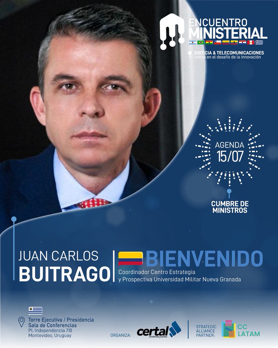 CERTAL (@certalatam) on Twitter photo <a href="/bg_buitrago/">General (ret) Juan Carlos Buitrago A.</a> , Coordinador del Centro de Estrategia y Prospectiva de la Universidad Militar Nueva Granada, será uno de los invitados especiales en el Encuentro de Ministros de América del Sur.
📍 El evento se realizará los días 15 y 16 de julio de 2025, en la Sala de la Torre <a href="/bg_buitrago/">General (ret) Juan Carlos Buitrago A.</a> , Coordinador del Centro de Estrategia y Prospectiva de la Universidad Militar Nueva Granada, será uno de los invitados especiales en el Encuentro de Ministros de América del Sur.
📍 El evento se realizará los días 15 y 16 de julio de 2025, en la Sala de la Torre