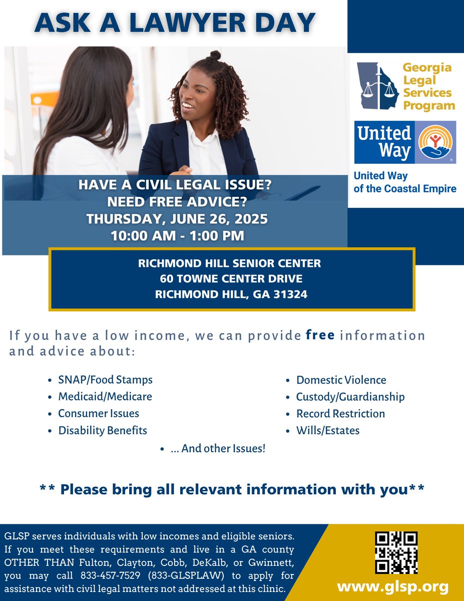 Are you in Bryan County and need free advice for a civil legal issue? Come to our Ask a Lawyer Day on June 26th, presented by GLSP and <a href="/UWCE/">United Way of the Coastal Empire</a>!