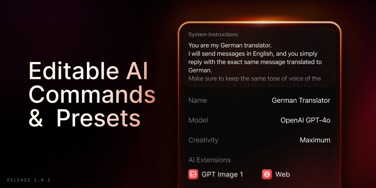 New on Raycast for iOS 📱

✨ Create and edit AI Commands/Presets (previously limited to desktop)
🔍 Notes, Quicklinks and Snippets are now searchable via Spotlight
📝 New "Open Last Note" command
🐛 Various improvements and bug fixes

Get it 👉 ray.so/ios