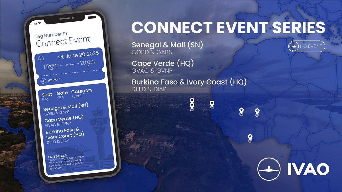 ivaoaero's tweet image. ✈️ IVAO CONNECT EVENT – LEG 15 ✈️

📅 Date: June 20, 2025
⏰ Time: 15:00z - 20:00z

📍 Participating Airports:
🌊 Senegal &amp;amp; Mali (SN): GOBD &amp;amp; GABS
🏝️  Cape Verde (HQ): GVAC &amp;amp; GVNP
🏖️  Burkina Faso &amp;amp; Ivory Coast (HQ): DFFD &amp;amp; DIAP

#IVAO #ConnectEvent #FlightSimulation #Aviation