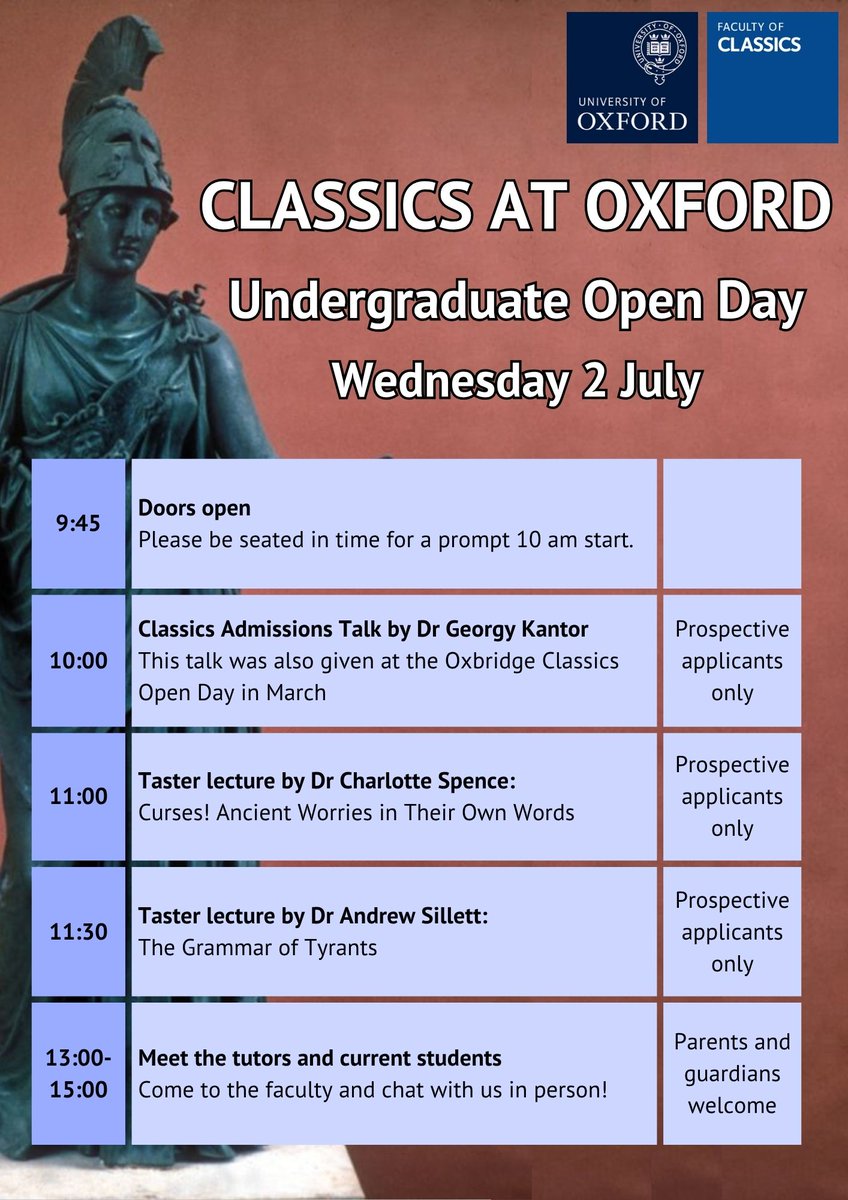 oxfordclassics's tweet photo. Come and visit us in the Faculty of Classics on the University of Oxford Open Days on Wednesday 2 July and Thursday 3 July.

You can see our full timetables here.

Please note that only prospective applicants will be able to attend the morning talks and taster lectures and parents will not be able to wait inside the faculty building.

Parents, guardians and teachers are most welcome to come and chat with us at the afternoon Q&A sessions.
We hope to see you there!

https://t.co/EPTjmMedP0