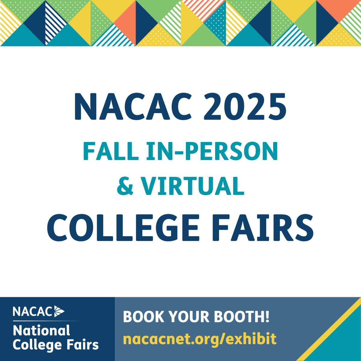 NACACFairs's tweet image. Exhibitor registration is open for @NACAC’s Fall 2025 National College Fairs. We are excited to offer three virtual fairs and 35 in-person fairs, including four STEM College and Career Fairs and four PVA fairs. Book your booth today: ow.ly/w8xS50W7QaR #collegefairs
