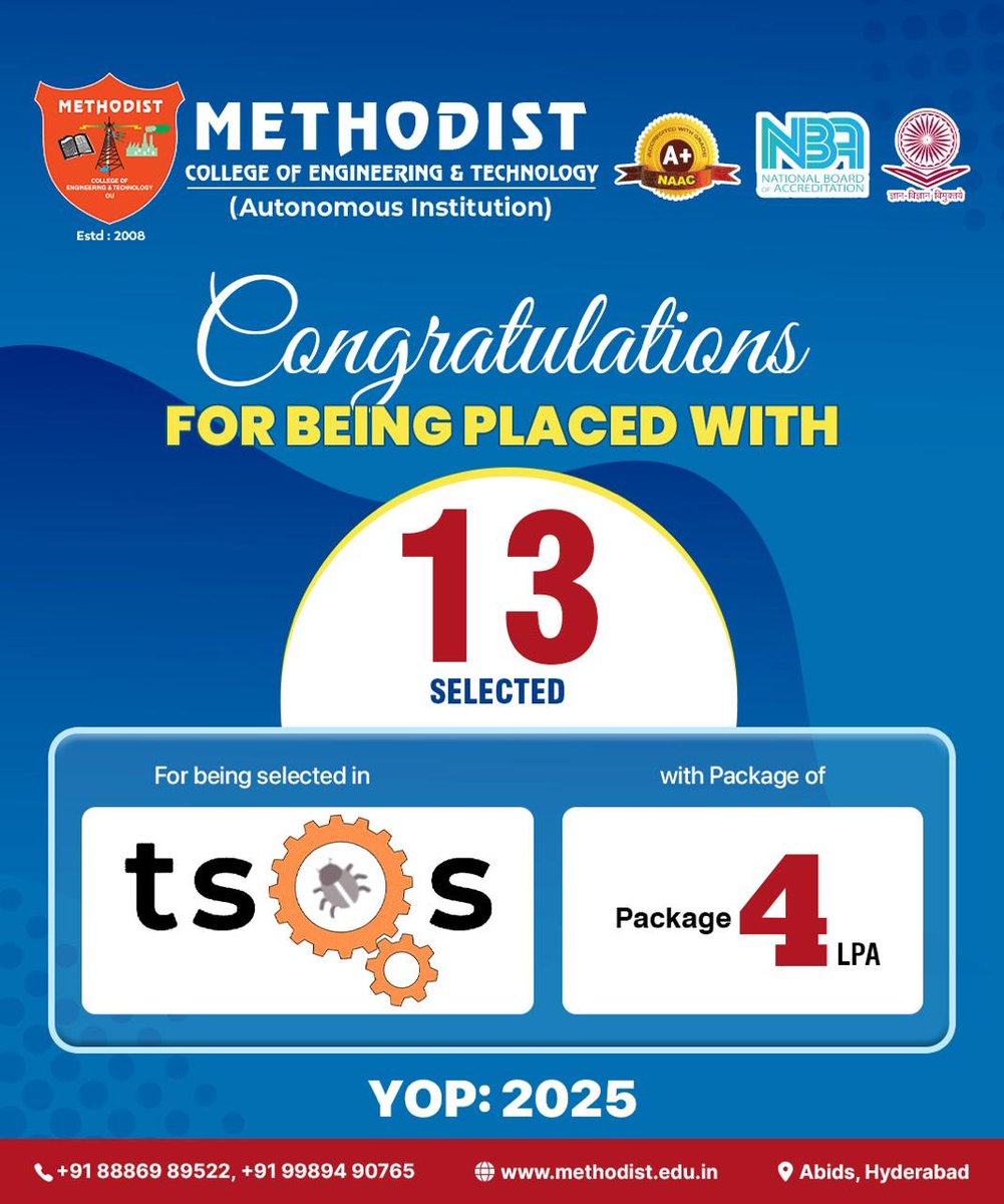 MCETHyderabad's tweet photo. ๐Big #Congratulations to Our #Champions!๐
We are proud to announce that 13 students from the 2025 graduating batch of #MethodistCollege of Engineering & Technology have been successfully placed with #TSOS at an impressive package of 4 LPA!๐ผ๐
#CampusPlacements #SuccessStory https://t.co/rq8wCJMkzK