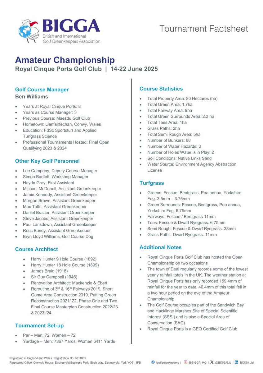 British & International Golf Greenkeepers Assn. (@biggaltd) on Twitter photo Have you seen the photos from The Amateur Championship at Royal Cinque Ports and wondered about the set up of the course? ⛳️
đź‘€ Look no further!
Thanks to <a href="/BenWilliamsTurf/">Ben Williams</a> and his team, we have it covered in this handy tournament factsheet.
#golf #tournament #greenkeeping Have you seen the photos from The Amateur Championship at Royal Cinque Ports and wondered about the set up of the course? ⛳️
đź‘€ Look no further!
Thanks to <a href="/BenWilliamsTurf/">Ben Williams</a> and his team, we have it covered in this handy tournament factsheet.
#golf #tournament #greenkeeping