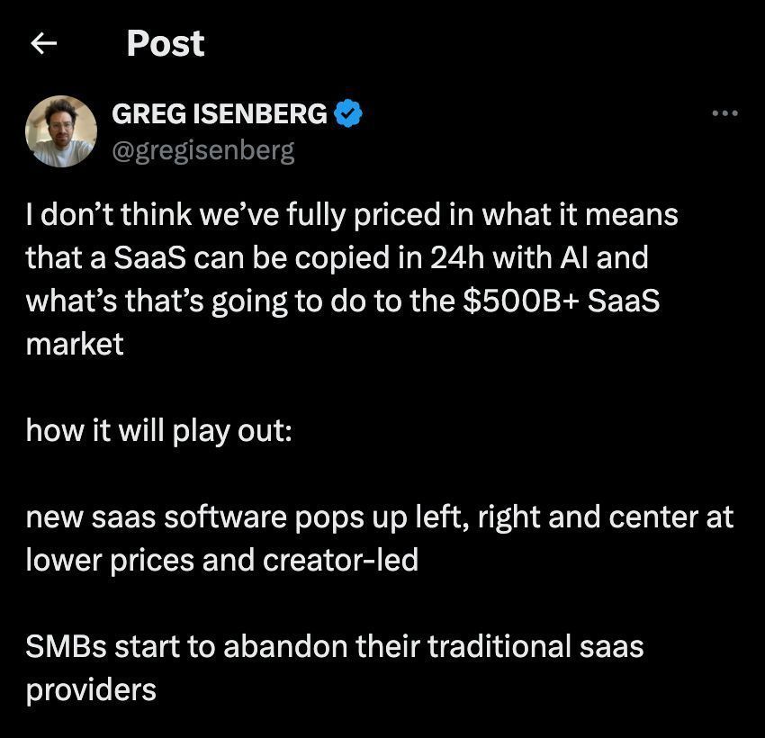 All SaaS products will go to $0.

If you don’t do this:

✅ Build distribution channels
❌ AI can clone your software, not your distribution.

✅ Listen to user feedback
❌ AI won’t listen.

✅ Move faster
❌ AI can clone fast, so go even faster.

✅ Build your tribe
❌ People