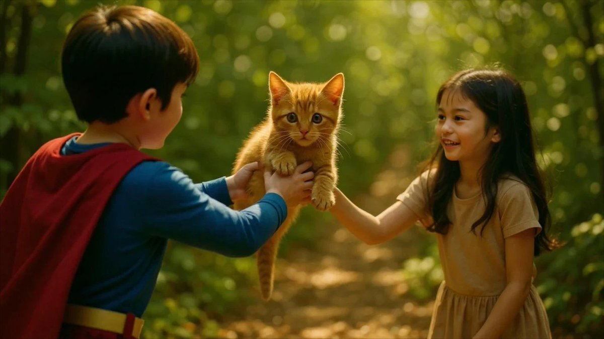 QuilatanRoger's tweet photo. @dzine_ai now using image 1, 2 and 3 , I then prompted to create another scene, this time the boy in superman costume hands over the kitten to the girl. This was the result https://t.co/KJFHeHTbcA