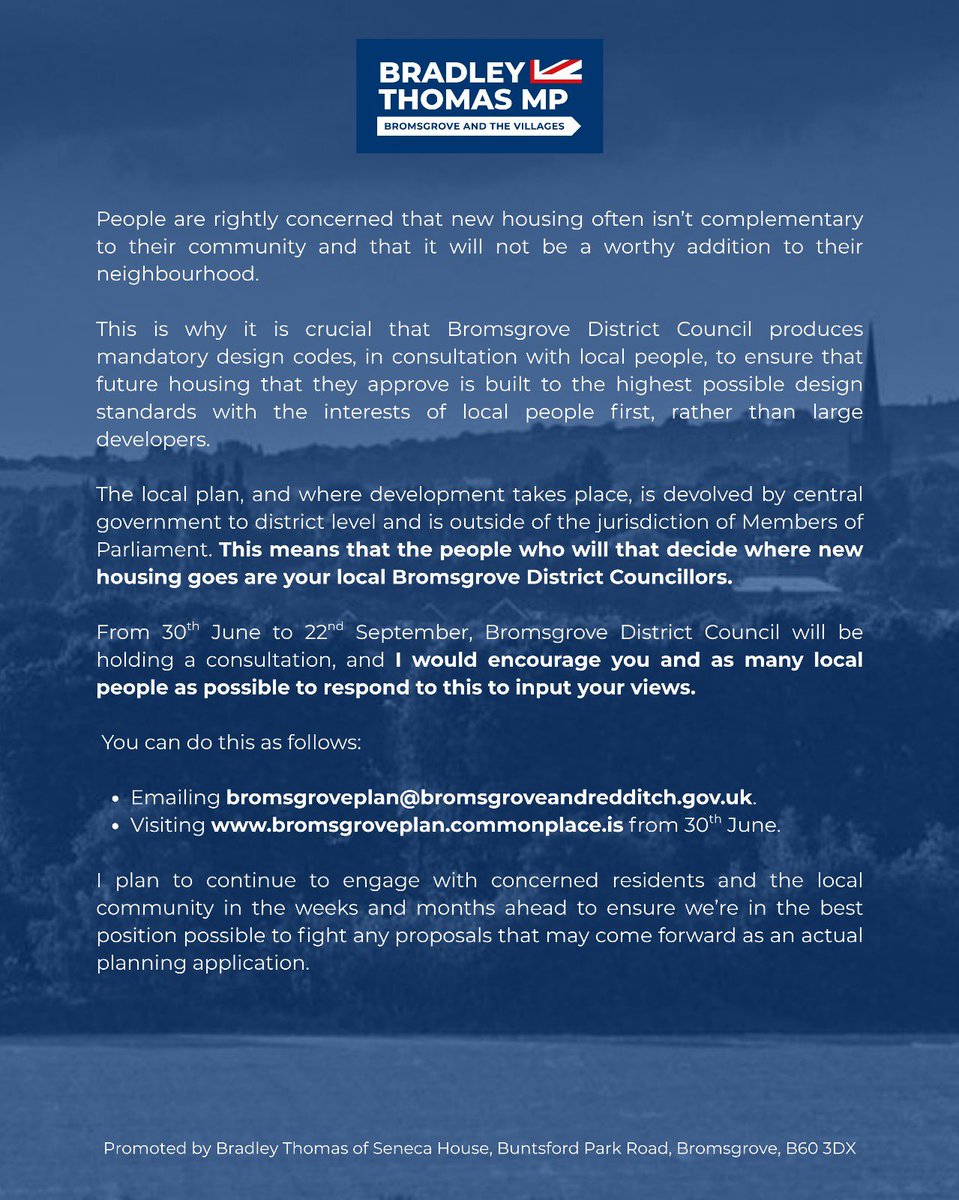 BradleyThomasUK's tweet image. Here's my statement in response to Bromsgrove District Council's Local Plan Draft Development Strategy.