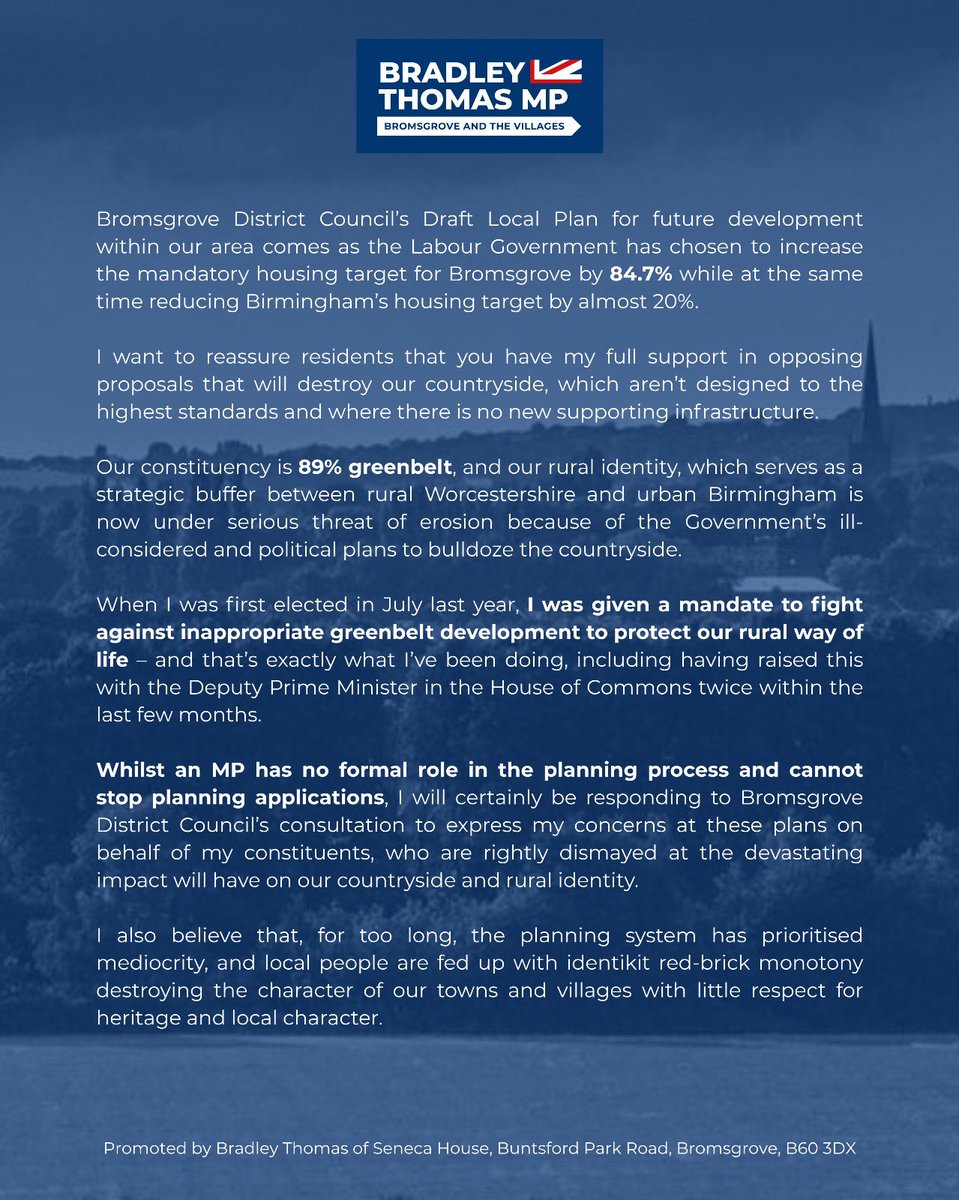 BradleyThomasUK's tweet image. Here's my statement in response to Bromsgrove District Council's Local Plan Draft Development Strategy.