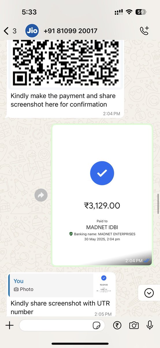 Immarketer95's tweet photo. @JioCare @reliancejio
Your ASM Shruthi (ASM Gujarat) asked for ₹3129 via UPI — I paid (proof attached). Later she said contact local engineer Mr. Anuj (9243351063), claiming now it’s his issue. Jio center says payment not received.

Now Shruthi has stopped replying. https://t.co/BzUFBsGHw0