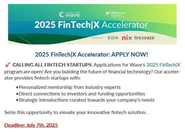 Fintech startups: just under 3 weeks left to apply for the FinTech|X Accelerator! Get mentorship, access to investors/funding, important intros--all without giving up equity AND the in-person sessions are in St. Pete!
Apply now at hubs.li/Q03sdltm0
#BecomeStPete #fintech