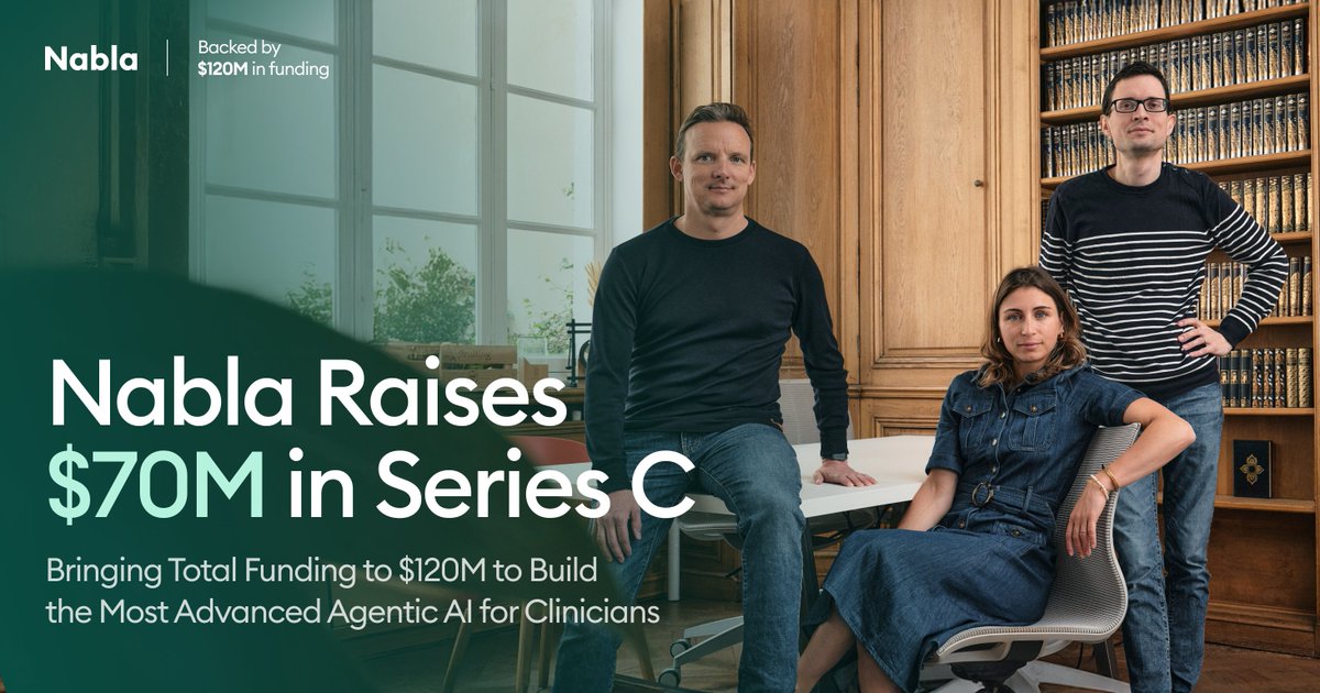 Nabla (@nabla_ai) on Twitter photo We’re building the most advanced agentic AI assistant for clinicians.
Today, we’re announcing a $70M Series C to accelerate our mission: restoring the human connection at the heart of healthcare through AI that delivers real clinical and financial impact.
Thank you to We’re building the most advanced agentic AI assistant for clinicians.
Today, we’re announcing a $70M Series C to accelerate our mission: restoring the human connection at the heart of healthcare through AI that delivers real clinical and financial impact.
Thank you to