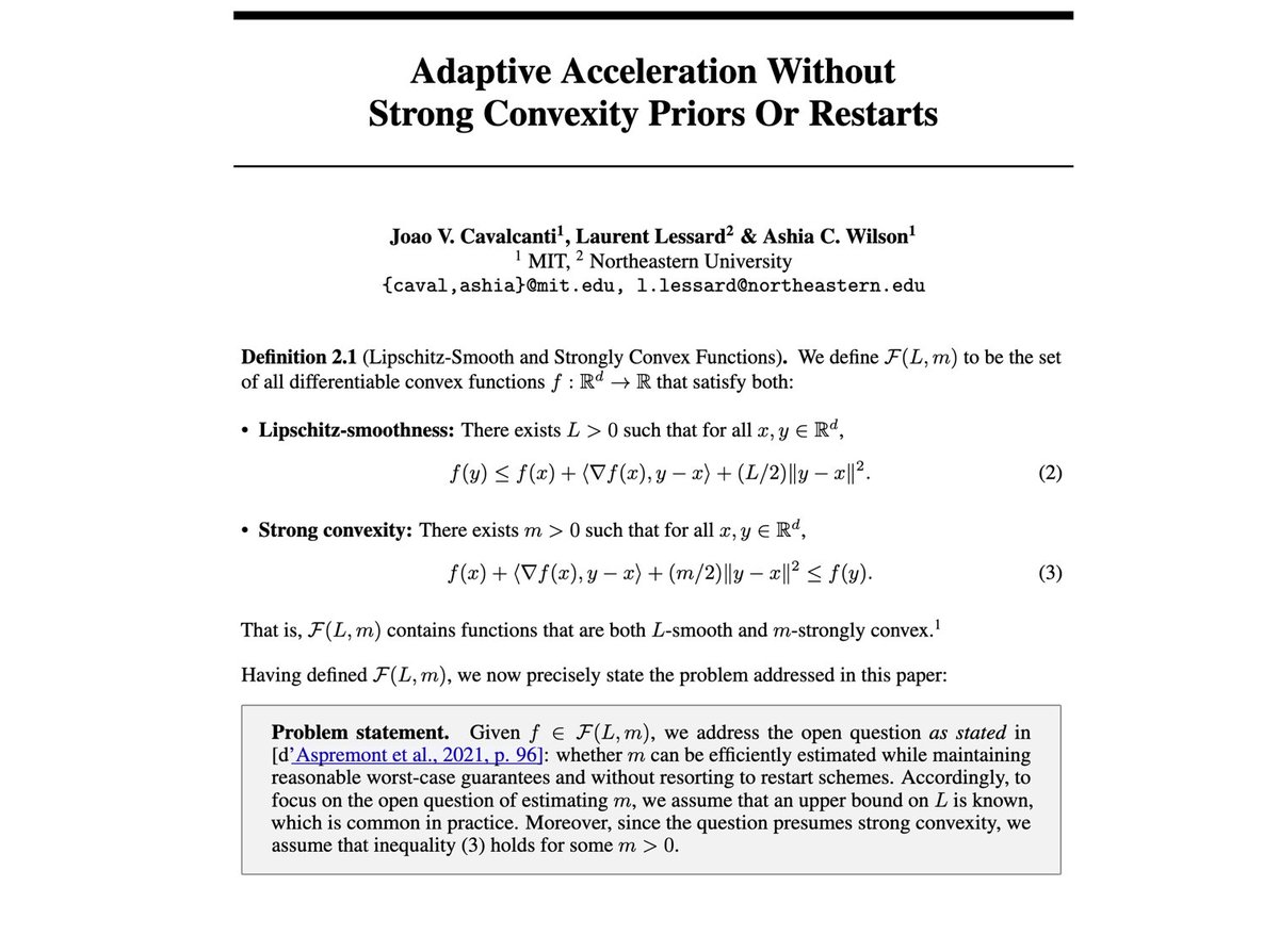 Here's an open problem in optimization, which is easy to state but is extremely challenging:
Nesterov's acceleration requires strong convexity μ and smoothness L. There exist variants that estimate L adaptively. Can we estimate μ if we know L?
Partially solved in this new paper,