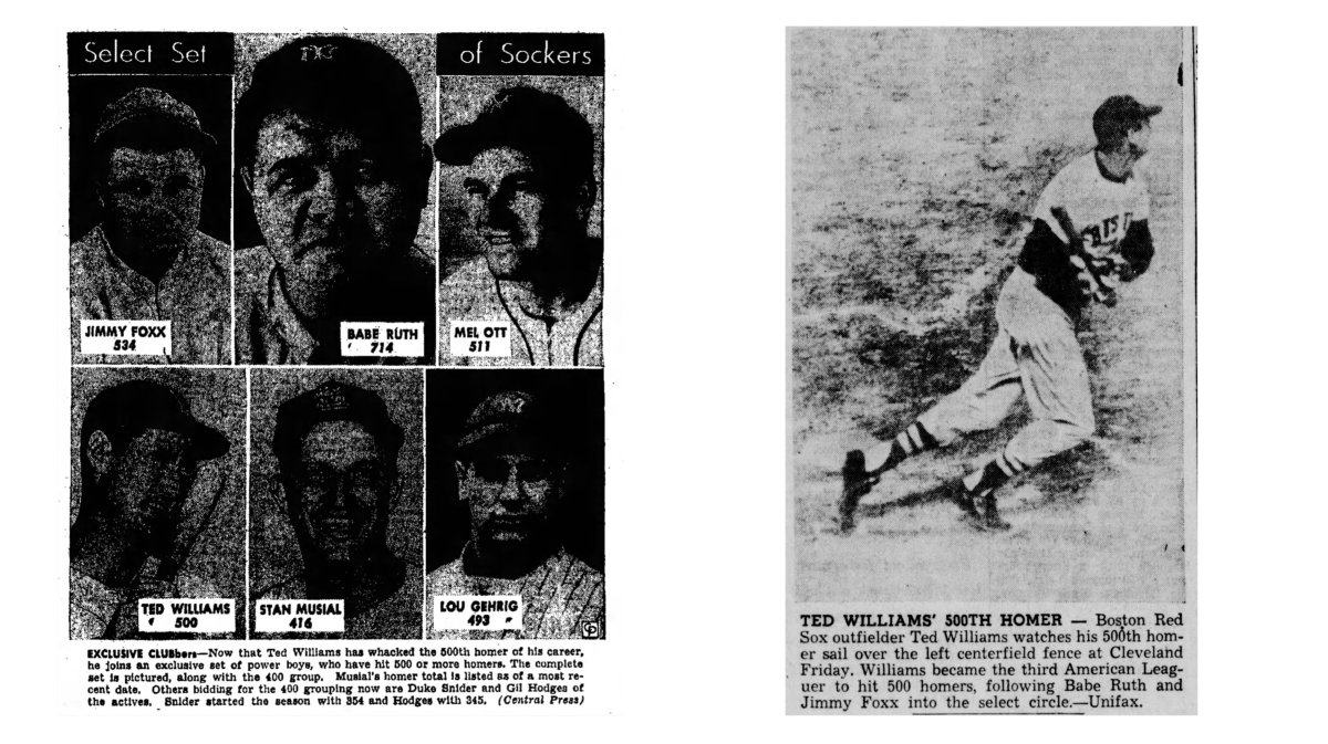 June 17, 1960: Ted Williams etched his name in history, blasting career HR #500 off Wynn Hawkins. The Splendid Splinter was just the 4th major leaguer to reach the historic milestone! 🔥 [baseball-almanac.com/hitting/hi500c…] Old newspaper images courtesy of #BaseballAlmanac ❤️⚾️