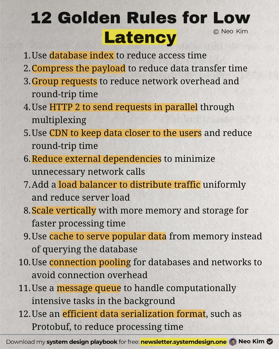 Neo Kim (@systemdesignone) on Twitter photo If I had to optimize latency, here are 12 rules I'd consider: If I had to optimize latency, here are 12 rules I'd consider: