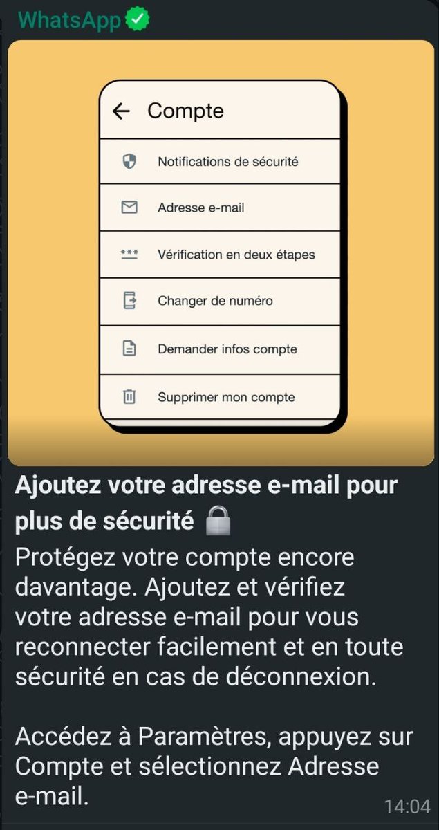👀😬Quand WhatsApp demande à ses centaines de millions d'utilisateurs d'ajouter leur adresse mail... pour plus de sécurité... MAIS SURTOUT POUR PLUS DE DONNÉES POMPÉES 🤷🏾‍♂️🤦🏽‍♂️🤡

Dorénavant, le ciblage et la publicité seront totales. 

Vives pensées pour ces millions de gens qui le
