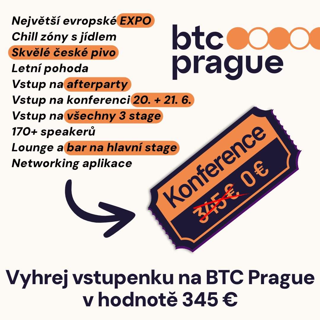 ChainCampCZ's tweet photo. 🎟️ Soutěž o konferenční lístek na BTC Prague!
Hodnota? 345 €
Zážitek? K nezaplacení.

Chceš ho? Stačí:
1️⃣ Mít koupený lístek na ChainCamp 2025
2️⃣ ❤️ & RT @ChainCampCZ
3️⃣ Do komentáře napiš, pokolikáté už jdeš na @BTCPrague 

📅 Losujeme zítra v 15:00 z retweetů
✅ Výherce musí doložit, že má lístek na ChainCamp