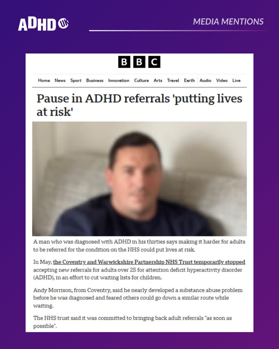 Andy Morrison, ADHD UK Ambassador, was featured in this BBC article highlighting the risks of suspending adult ADHD referrals.

Coventry and Warwickshire Partnership NHS Trust has temporarily suspended new ADHD referrals for adults over the age of 25 in order to prioritise over