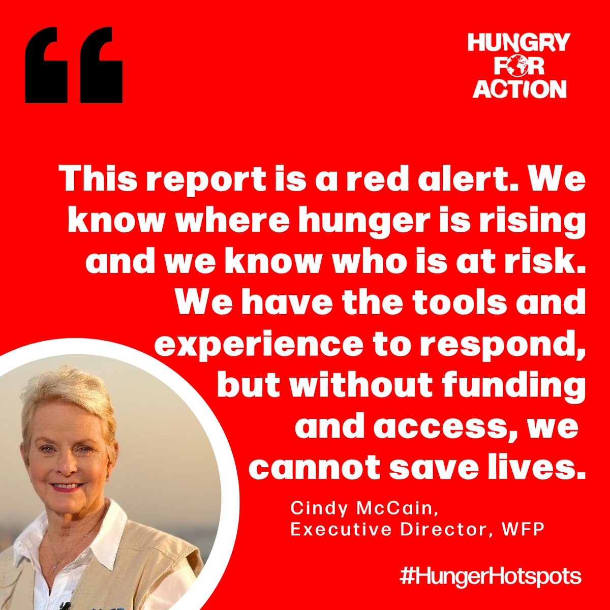 HungryforAction (@hungryforact) on Twitter photo 🚨Amid rising hunger, the window to avert even more devastating crises is closing fast, says <a href="/WFPChief/">Cindy McCain</a> on the #HungerHotspots report.
We need urgent, sustained investment to save lives and build resilience, now more than ever.
📕Read: sdg2advocacyhub.org/latest/new-ear… #HungryForAction 🚨Amid rising hunger, the window to avert even more devastating crises is closing fast, says <a href="/WFPChief/">Cindy McCain</a> on the #HungerHotspots report.
We need urgent, sustained investment to save lives and build resilience, now more than ever.
📕Read: sdg2advocacyhub.org/latest/new-ear… #HungryForAction