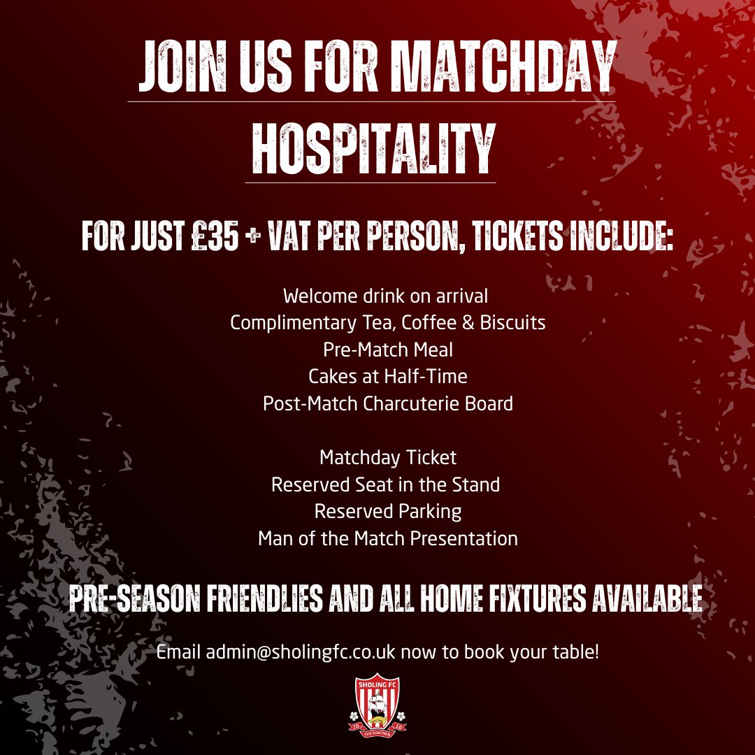 ⚽️ Make your matchday unforgettable!

Join us for great food, exciting football &amp; a brilliant atmosphere - all with a VIP touch.

📩 Book your matchday hospitality table now at admin@sholingfc.co.uk

#UpTheBoatmen #PrideOfEastSouthampton #VIPMatchday