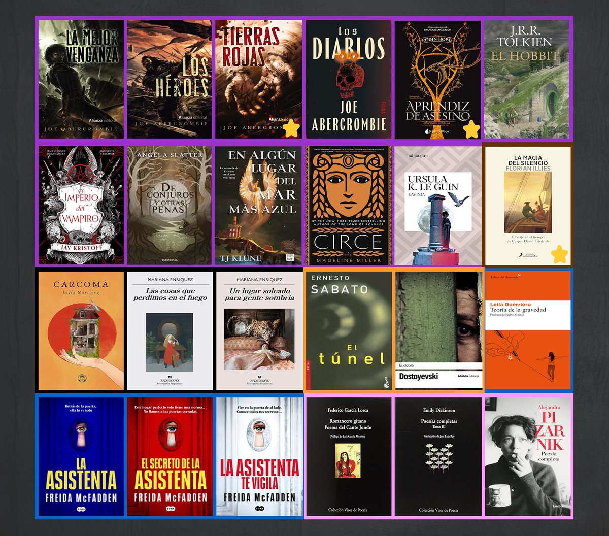 Haciendo recap de la 1ª mitad de año, la fantasía (morado) gana con diferencia. Algo de terror, poesía, ficción genérica, 2 novelas más psicológicas y 1 de arte. Echo en falta otros tipos que suelo leer, pero me quedo con haber conocido 10 autoras, sobre todo a Hobb y Pizarnik 🖤