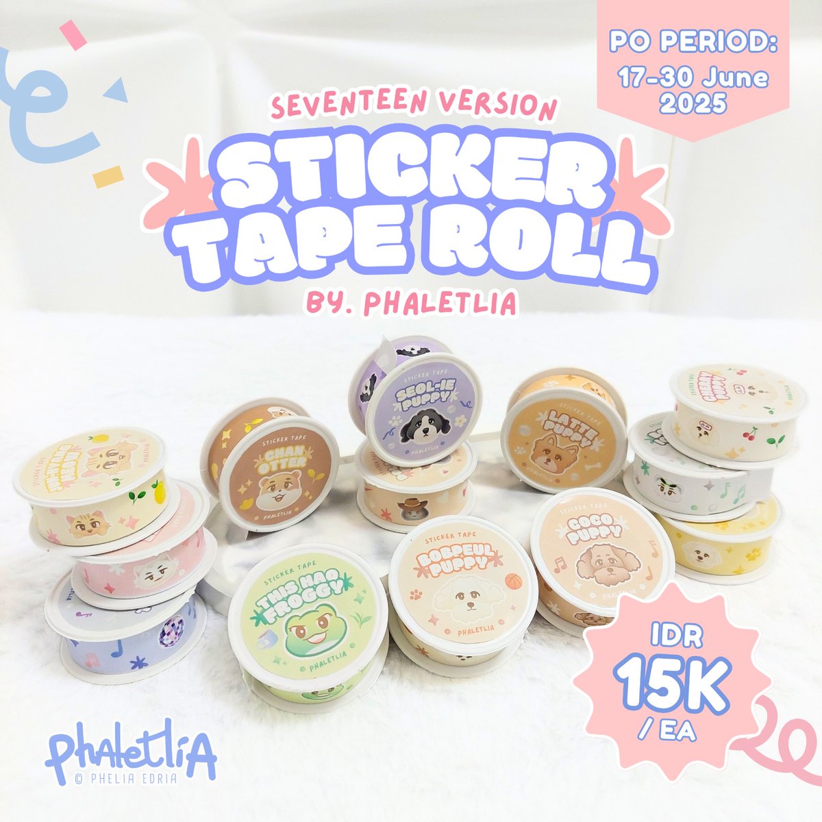phaletlia's tweet photo. [🩷&amp; 🔁are appreciated]

Annyeong Carat's &amp; all🩷🩵
✨️💎Pre-Order STICKER TAPE ROLL #SEVENTEEN (pet-animal ver) by @phaletlia 💎✨️

📆17-30 June '25
🔴IDR 15k/ea
🔗Order: https://t.co/ruU6NndI0m
🌏GO worldwide, DM me first

#fanmerch #stickertaperoll #sticker #kpop #phaletlia https://t.co/QAfYoraMGB