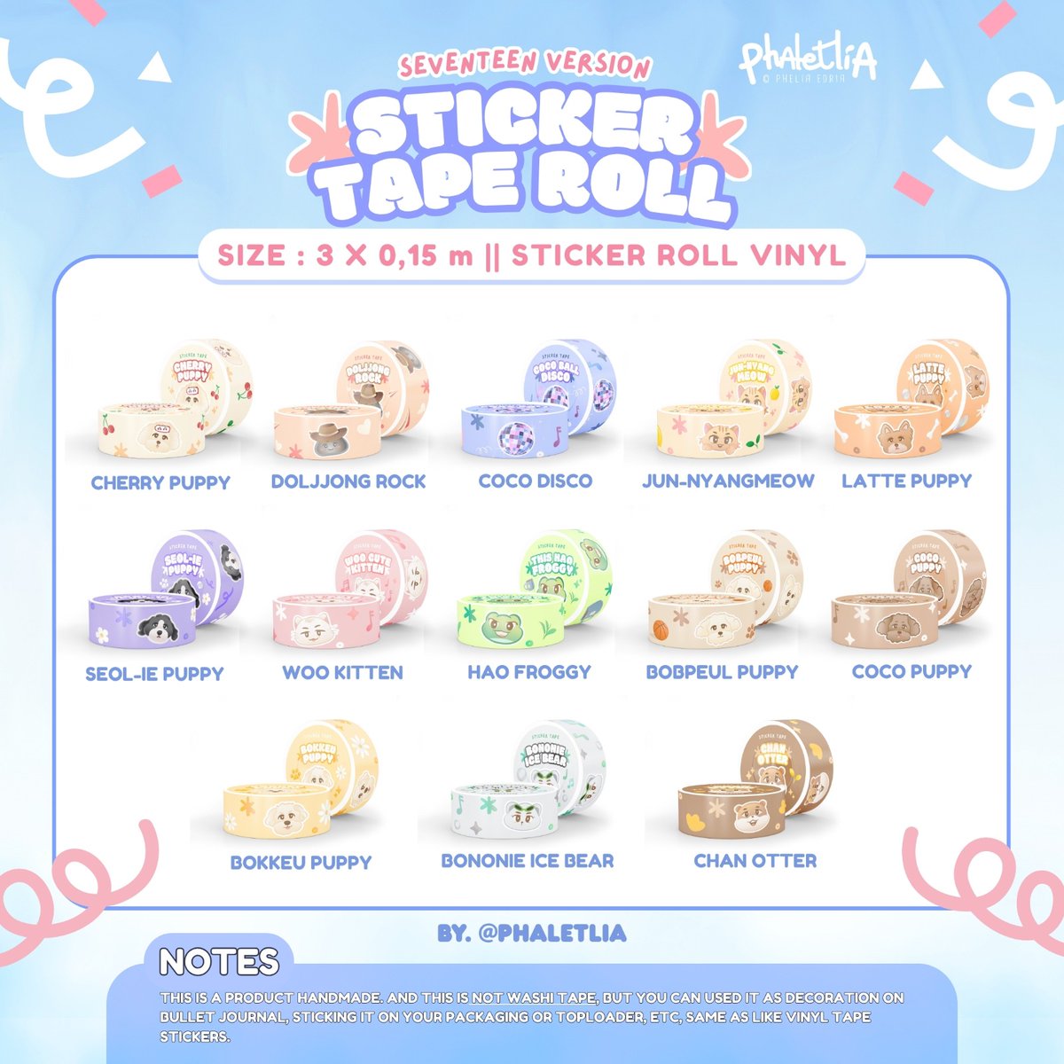 phaletlia's tweet photo. [🩷&amp; 🔁are appreciated]

Annyeong Carat's &amp; all🩷🩵
✨️💎Pre-Order STICKER TAPE ROLL #SEVENTEEN (pet-animal ver) by @phaletlia 💎✨️

📆17-30 June '25
🔴IDR 15k/ea
🔗Order: https://t.co/ruU6NndI0m
🌏GO worldwide, DM me first

#fanmerch #stickertaperoll #sticker #kpop #phaletlia https://t.co/QAfYoraMGB