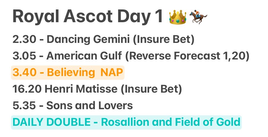 MaxRacingReview's tweet photo. ROYAL ASCOT DAY 1 SELECTIONS 

Dancing Gemini to get us off to a flyer 🕺

American Gulf to do the business 🇺🇸 

Believing out of Stall 1 will WIN with MOORE ON BOARD | NAP https://t.co/HR3twaij5a
