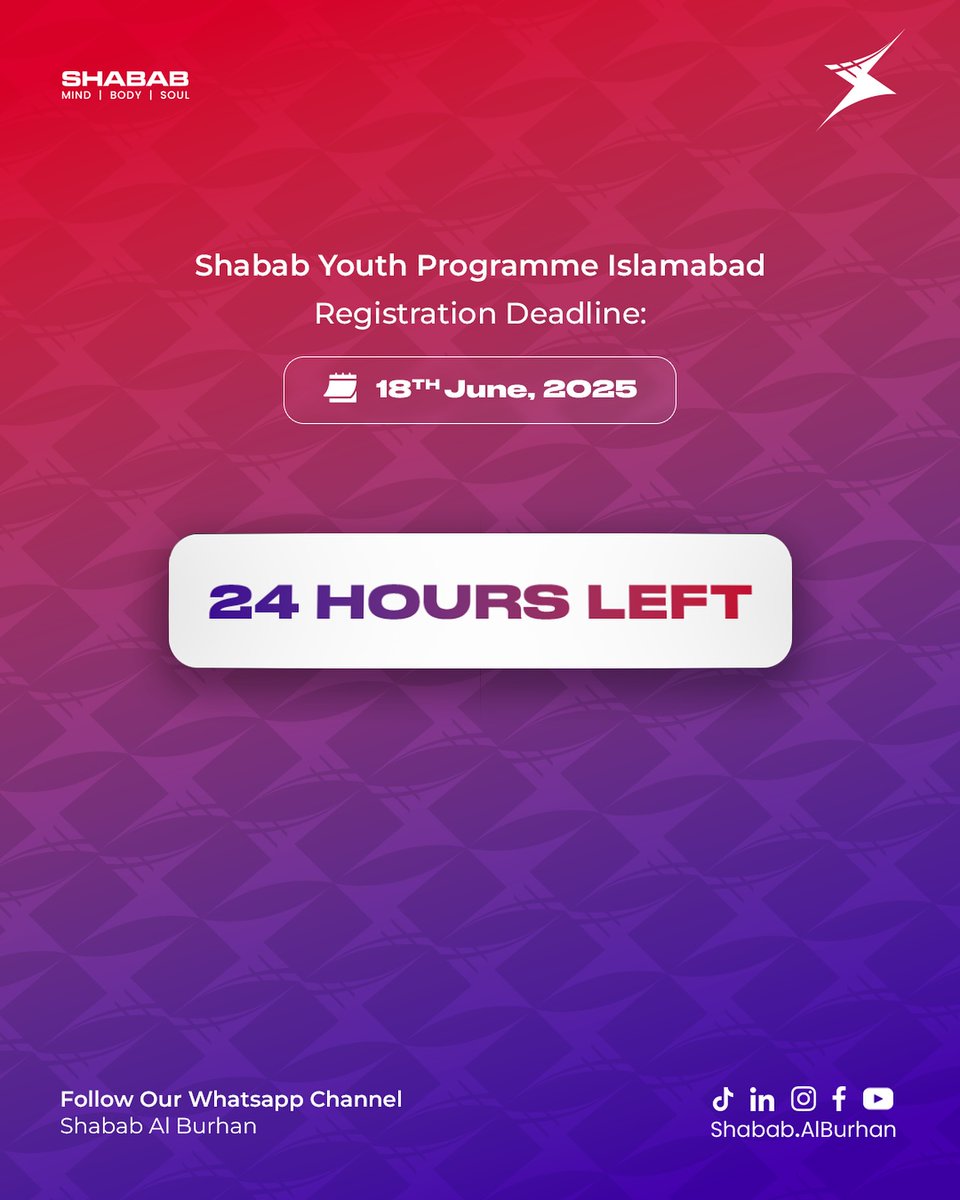 alburhanorg's tweet photo. 🚨 24 Hours Left – Last Chance to Register!
🌟 Shabab Youth Program – Islamabad

⏳Don’t miss this final opportunity to be part of a powerful journey of empowerment, learning, growth, and leadership.

🎯 For Ages: 15 – 22

🔗 Apply now at https://t.co/8hhKxpb1jp https://t.co/7lf7W3olp9